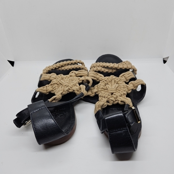 Tory Burch black leather and tan macrame Fleur flat sandals 8.5M - Picture 4 of 9